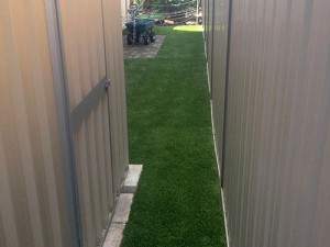 Shed on synthetic grass lawn